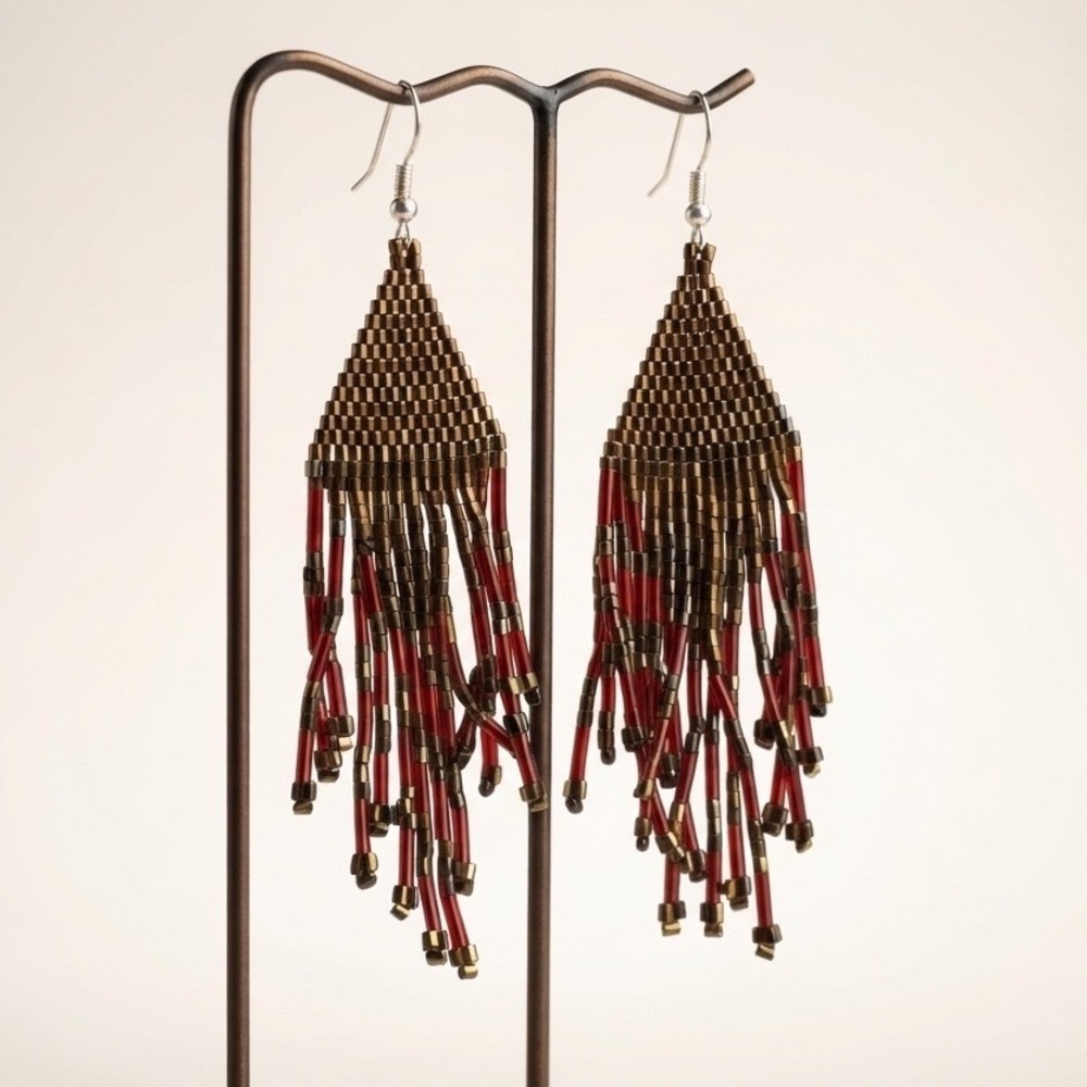 Red Bronze Beaded Fringe Earrings Boho Tassel Seed‎ Bead Statement Dangle Hook